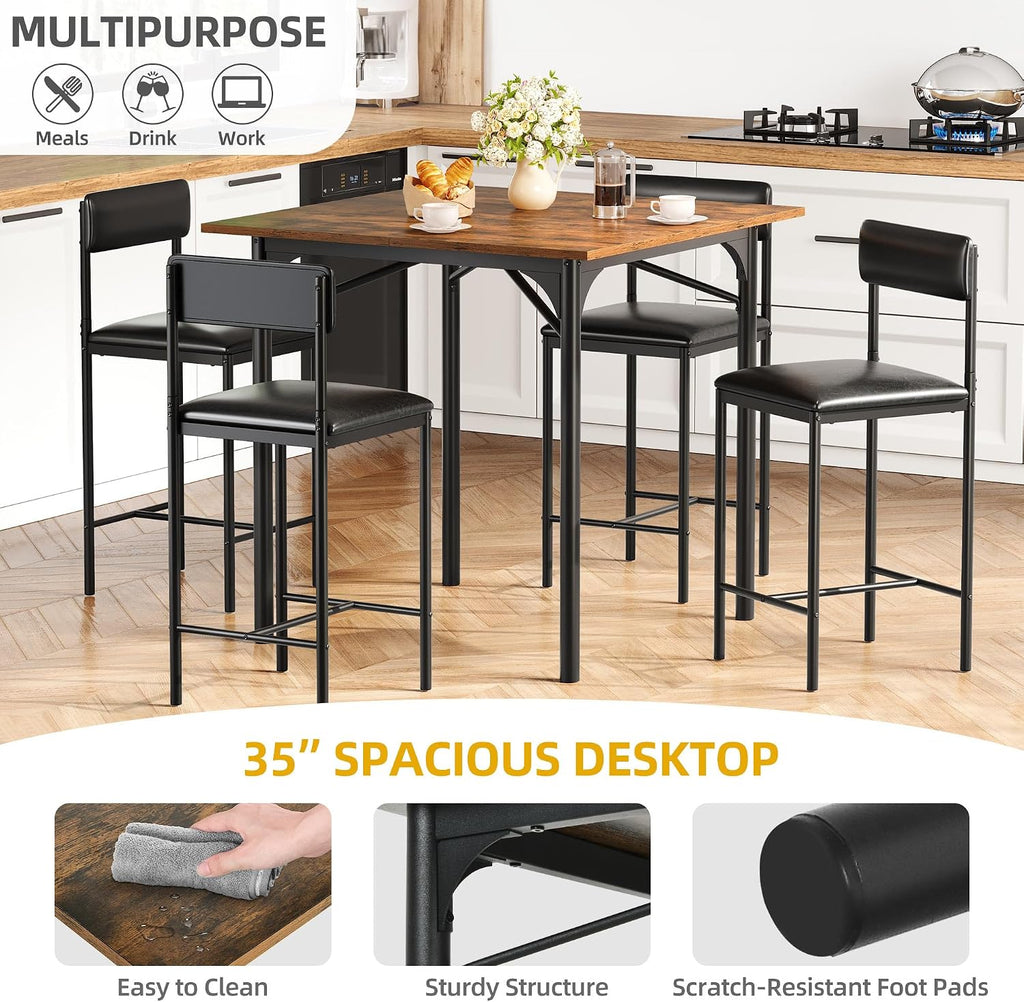 DWVO 5-Piece Dining Room Table Set Bar Table and Chairs Set Counter Height Dining Table Set Industrial High Top Kitchen Table with 4 Barstools for Kitchen Living Room Restaurant Bar Small Spaces Brown