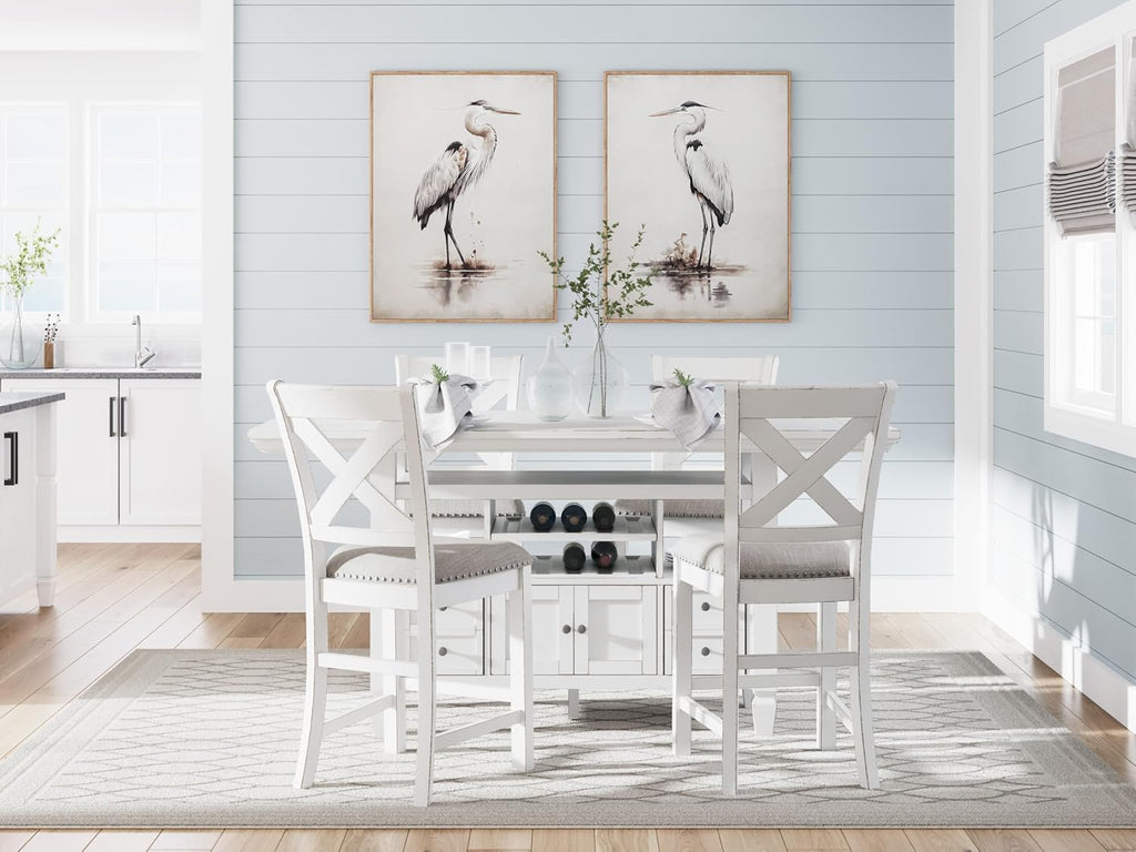 Signature Design by Ashley Robbinsdale Casual Counter Height Dining Table with 10 Bottle Wine Storage, Open Shelves, Drawers and Cabinet, Antiqued White Finish, 36' W x 72' L x 37' H