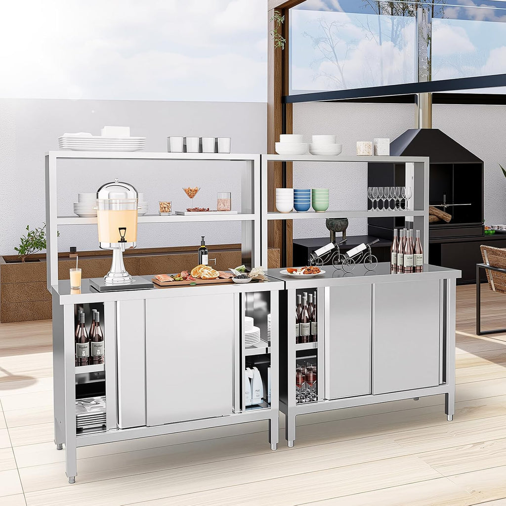 ROVSUN All Stainless Steel Table with Overshelves 39' X 19', NSF Commercial Heavy Duty Pre Table with Large Space Storage Cabinet for Kitchen Restaurant Hotel Garages