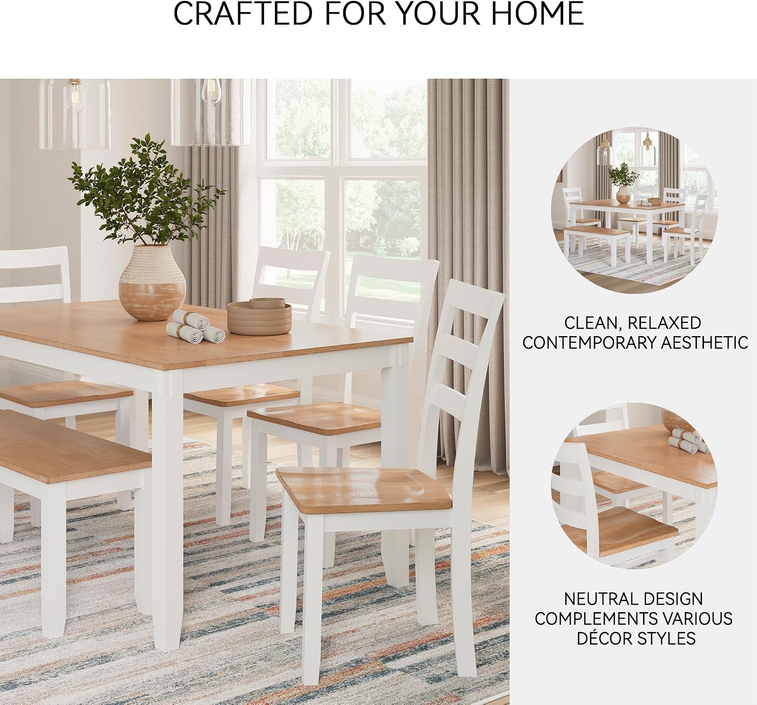 Signature Design by Ashley Gesthaven Casual Modern Dining Room Table Set with 4 Chairs and Bench, Set of 6, Mango Wood, 30.25' Table Height, White & Light Brown