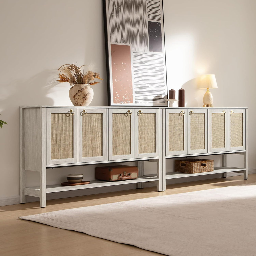 SICOTAS Rattan Sideboard Buffet Cabinet with Open Storage - Large Storage Cabinet with 4-Doors and Adjustable Shelves, Boho Credenza Coffee Bar Cabinets Buffet Table Console Table for Kitchen,Hallway
