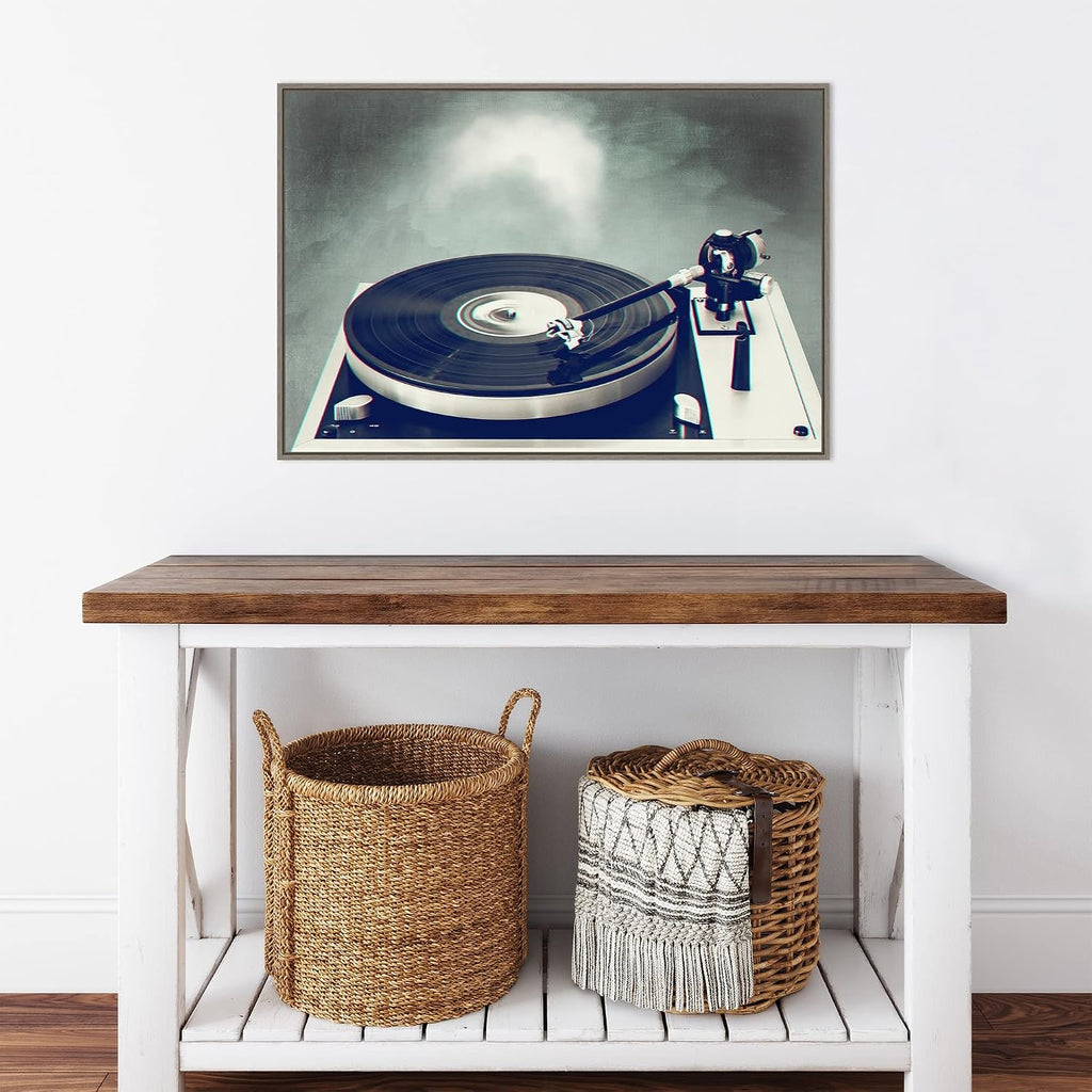 Amanti Art Framed Canvas Wall Art 23x33 Retro Record Player by Dirk Wustenhagen, Framed Wall Art Canvas, Music Artwork, Country Rustic Decor, Large Poster Painting for Living Room, Bedroom, Bathroom,