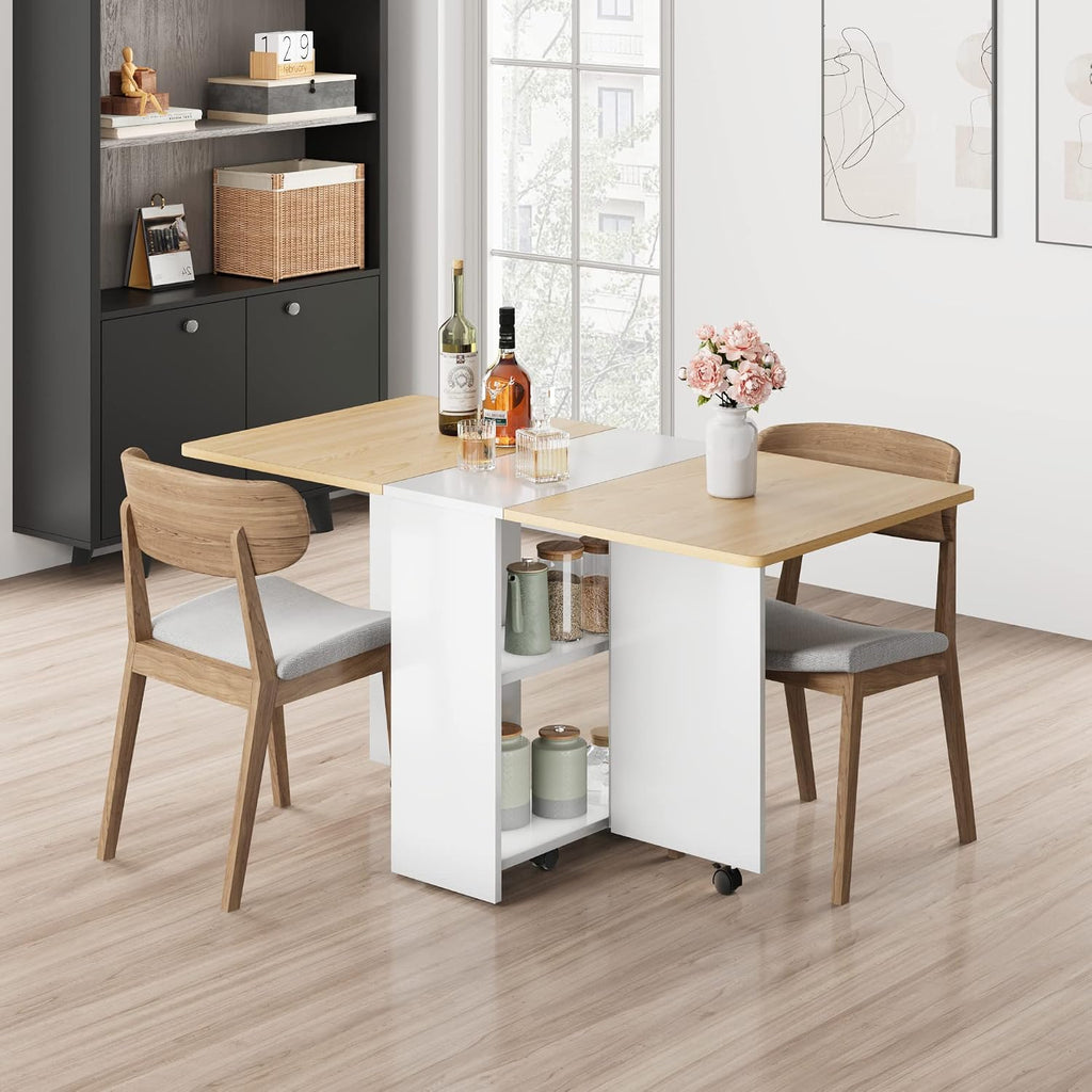 GarveeHome Folding Dining Table, Space Saving Farmhouse Dining Table for 4 Storage Shelf, 6 Wheels Multipose Expandable Kitchen Drop Leaf Table for Small Spac