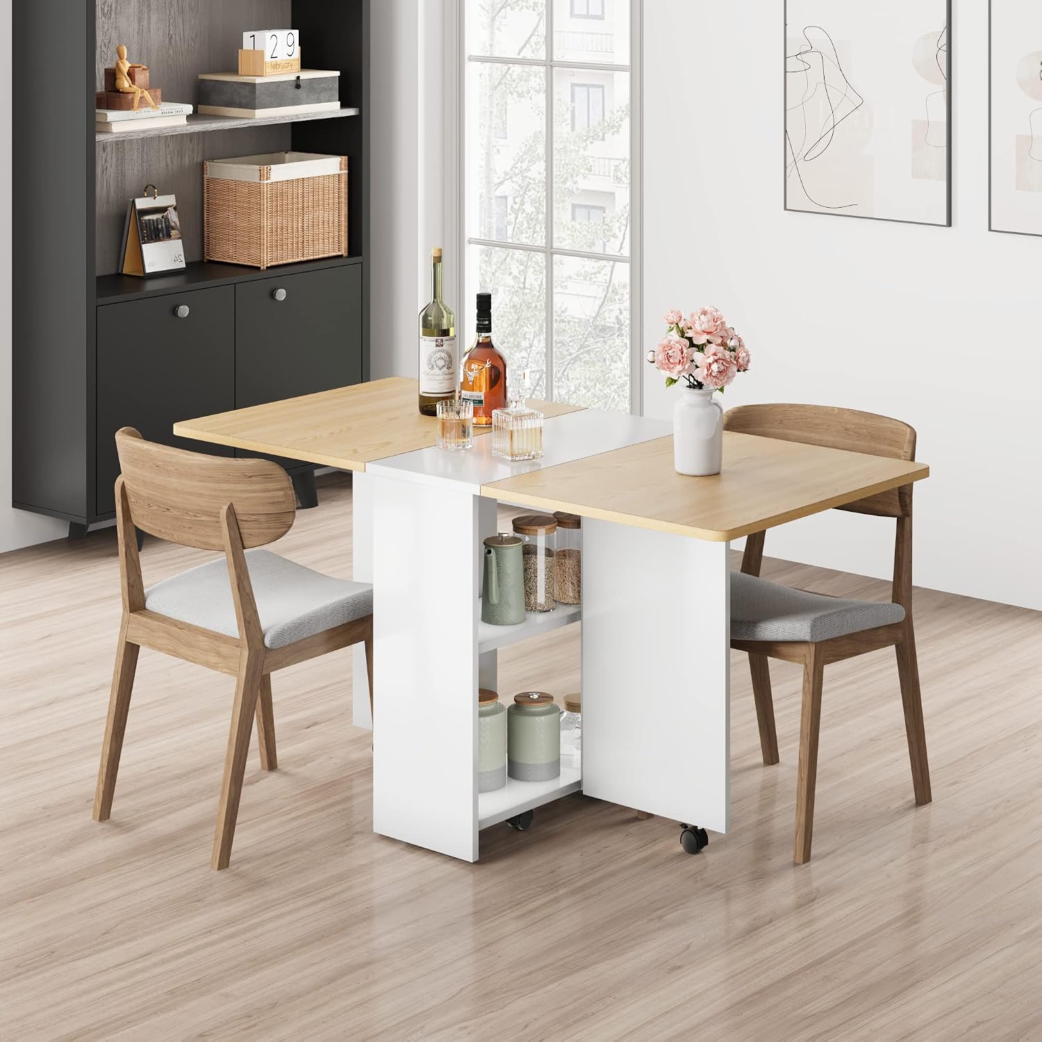 GarveeHome Folding Dining Table, Space Saving Farmhouse Dining Table for 4 Storage Shelf, 6 Wheels Multipose Expandable Kitchen Drop Leaf Table for Small Spac