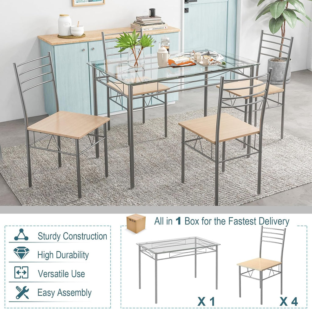 Giantex 5 Piece Dining Table Set, Kitchen Dining Set with Tempered Glass Table Top and 4 Chairs, Dinette Set for 4 for Breakfast Nook Dining Room Kitchen (Transparent)