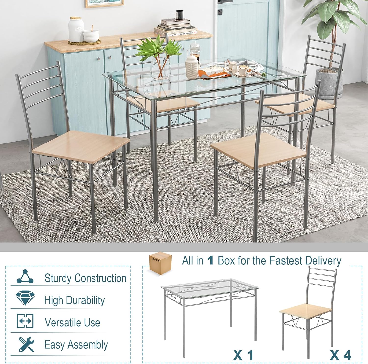 Giantex 5 Piece Dining Table Set, Kitchen Dining Set with Tempered Glass Table Top and 4 Chairs, Dinette Set for 4 for Breakfast Nook Dining Room Kitchen (Transparent)