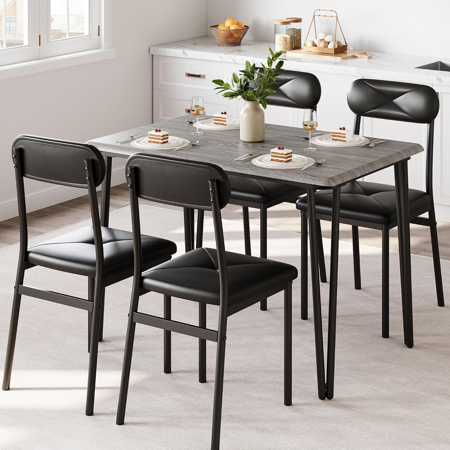 IDEALHOUSE Dining Table Set for 4, Kitchen Table with Upholstered Chairs for Kitchen Room and Small Spaces (Grey, Table with 4 Upholstered Chairs)