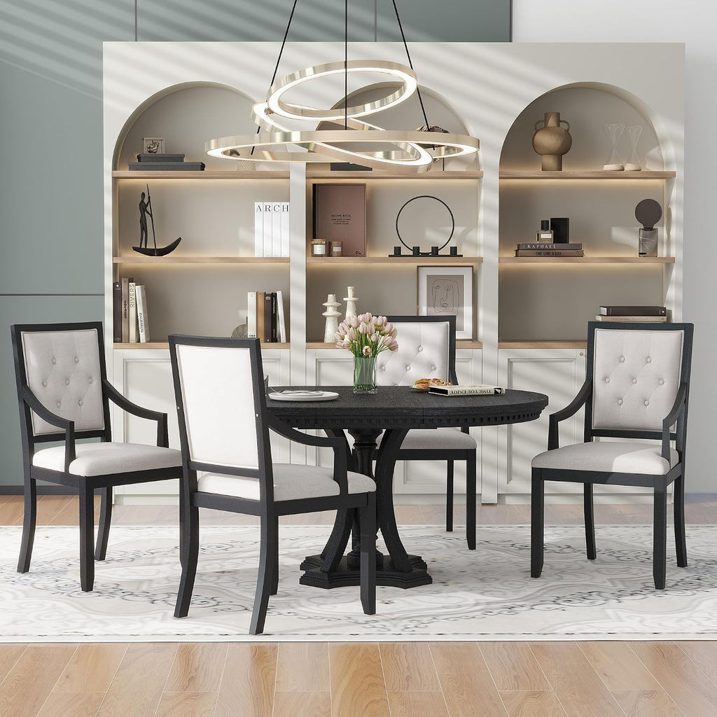 LUMISOL Round Dining Table Set for 4, 5-Piece Extendable Kitchen Table Set with 4 Upholstered Chairs, Farmhouse Table and Chairs Set for Kitchen, Dining Room, Living Room, Black+Beige