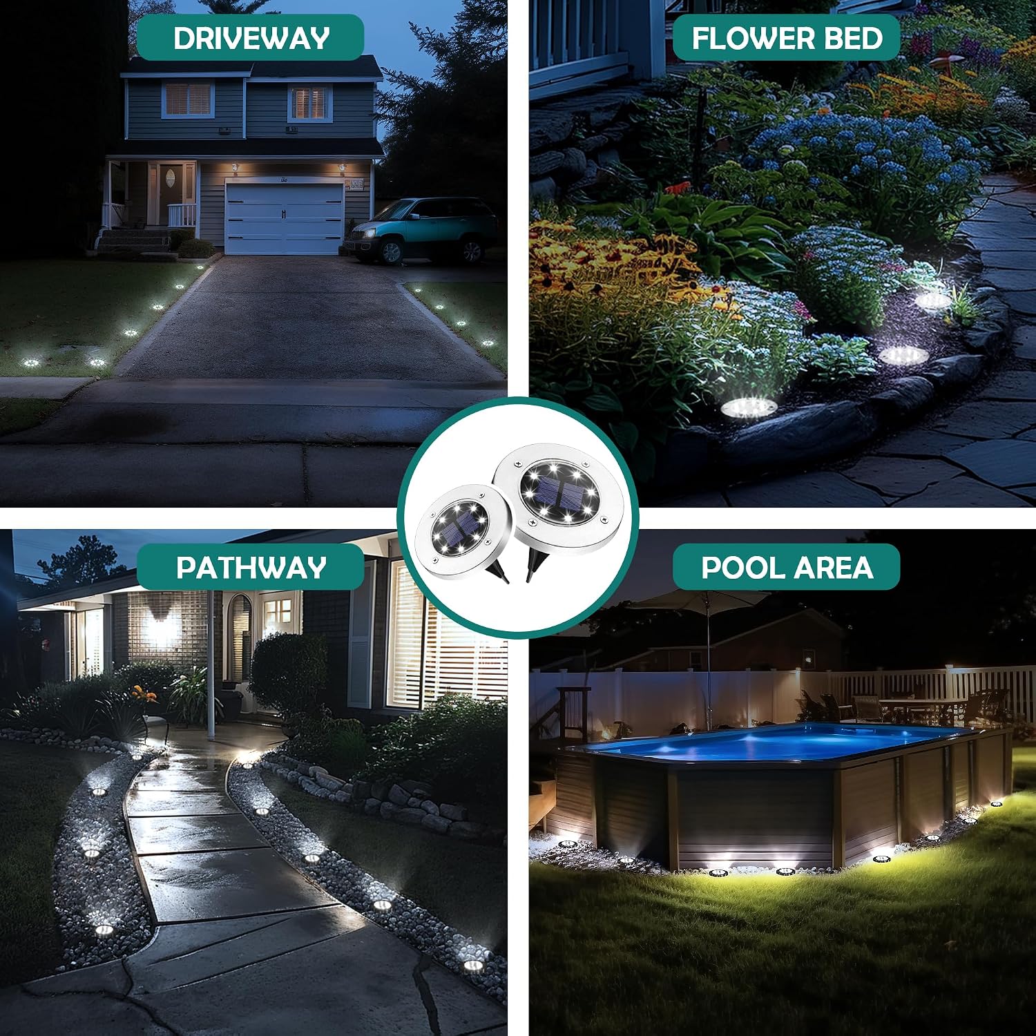 PATIOWIN 20 Pack Solar Ground Lights, 8 LED Solar Powered Disk Lights Waterproof Garden Landscape Lighting for Yard Patio Driveway Pathway Walkway (Cool White)
