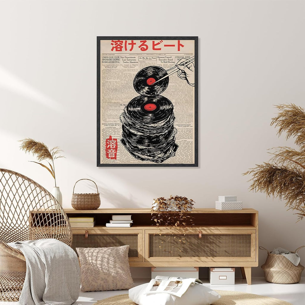 RINMFEO Japanese Retro Music Canvas Art Vintage Melting Vinyl Record Newspaper Print Abstract Beat Poster Funny Aesthetic Wall Decor For Home Bedroom Dorm 24x36inch Black frame