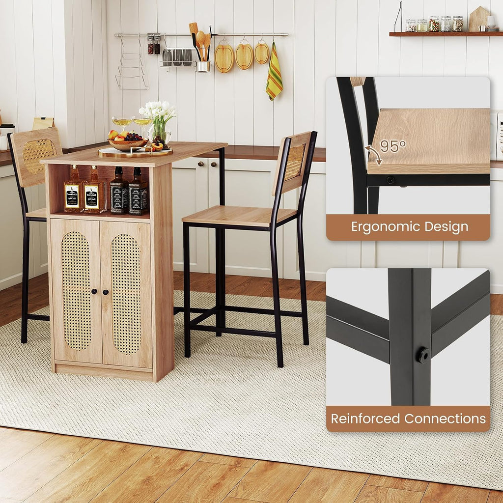 Giantex 3-Pcs Boho Rattan Dining Table Set for 2, Counter Height Bar Table with Storage Cabinet, Adjustable Shelf, 2 Bar Stools for Small Spaces, Dinette, Breakfast, Kitchen, Living Room, Apartment