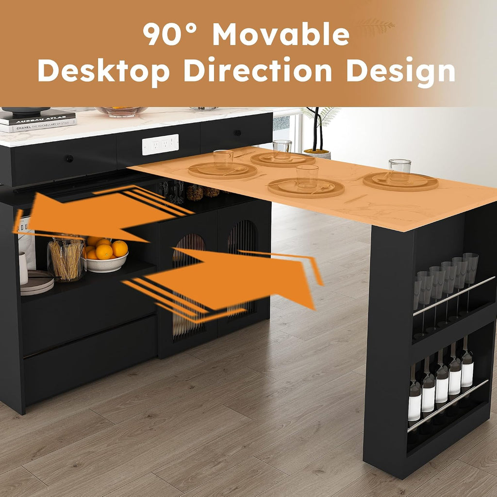 KEIKI Kitchen Island with Extendable & Rotating Table, Expandable Dining Station for 2-4, Kitchen Storage Islands with 4 Drawers & Glass Door Cabinets & Built-in Socket for Dining Room, Black