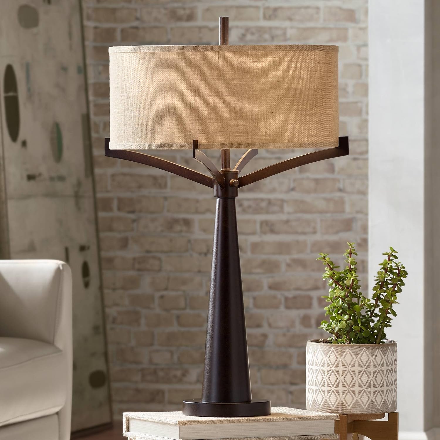 Franklin Iron Works Tremont Rustic Farmhouse Table Lamp 31 1/2' Tall Allegheny Bronze Brown Iron Burlap Fabric Drum Shade for Bedroom Living Room House Home Bedside Nightstand Office Entryway Kids