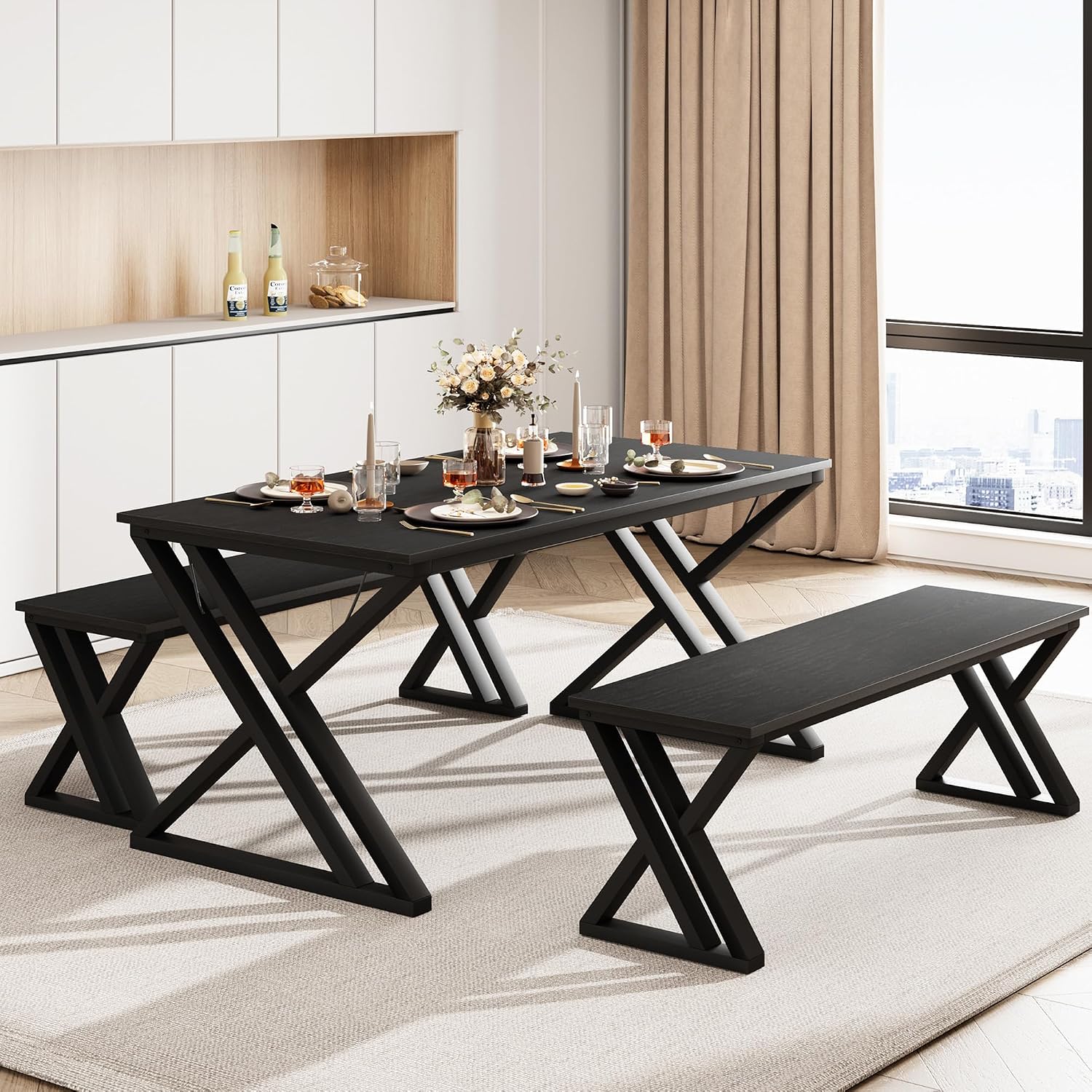 GarveeHome 55' Kitchen Table with 2 Benches, Dining Table Set for 4, Saving Space Dining Room Table Set for Kitchen, Dining Room, Apartment, Sturdy Metal Frame, Black