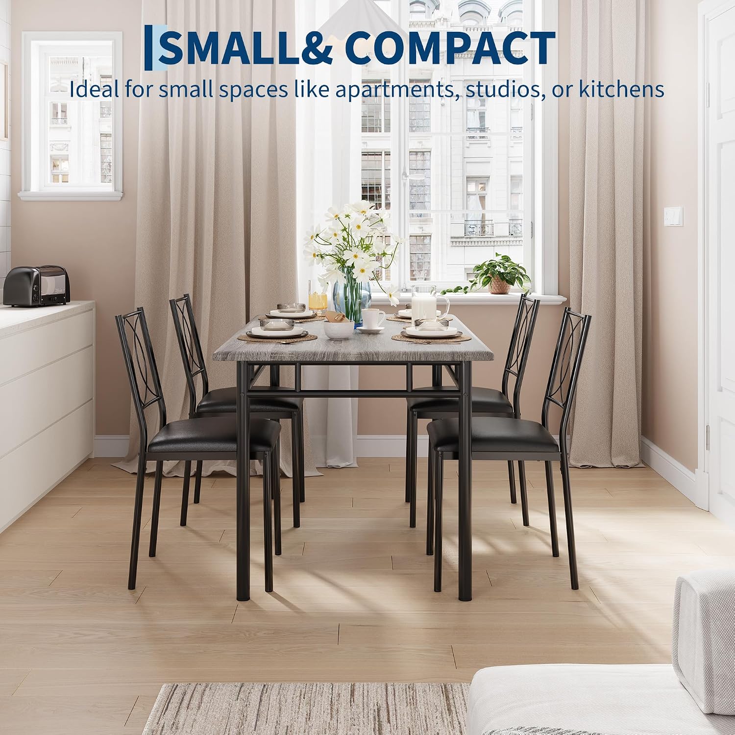 Garvee Dining Table Set for 4, Small Kitchen Table with Upholstered Chairs, Farmhouse Wood Dining Table Chairs for Kitchen Room, Small Spaces, Apartment, Grey