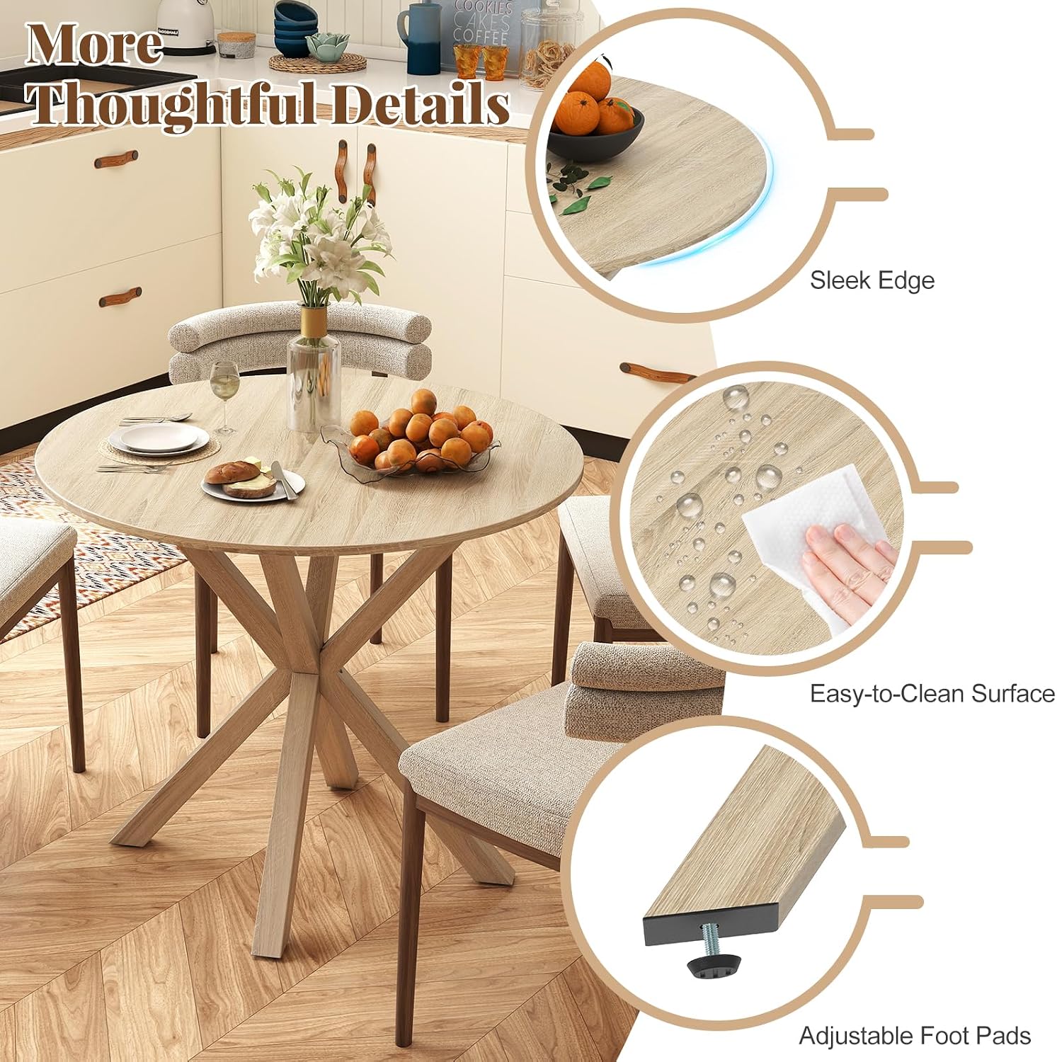 Giantex 36' Round Dining Table for 4, Farmhouse Kitchen Table with Rubber Wood Legs, Adjustable Foot Pads, Dining Room Tables for Dinette, Small Space, Dinner, Living Room, Restaurant, Oak