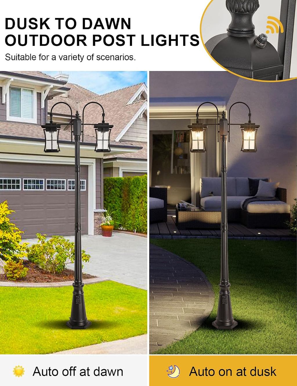 Dusk to Dawn Outdoor Lamp Post Light with Outlet, Electric 2-Head Outdoor Pole Light Farmhouse Street Light Post for Outside Waterproof Black Exterior Pillar Lantern for Garden Patio Driveway