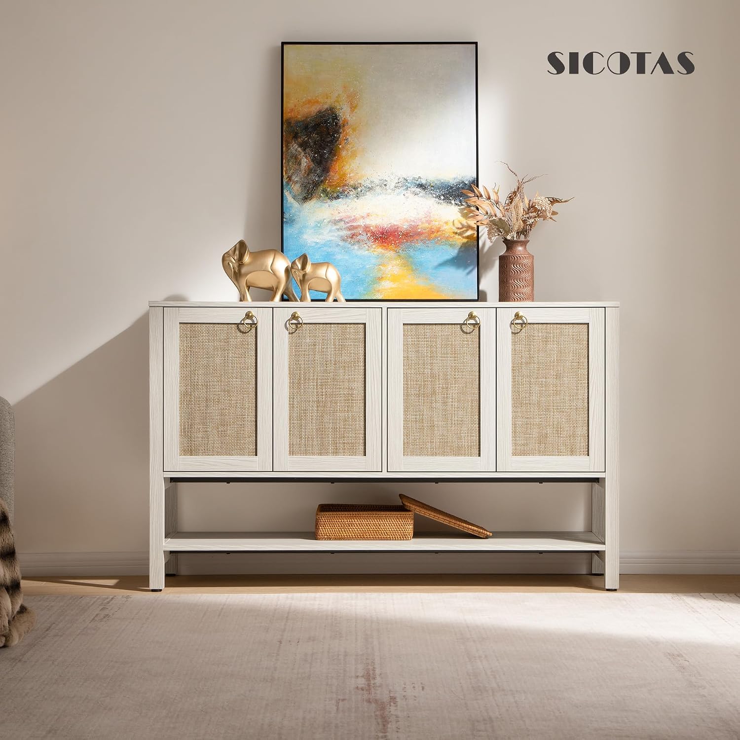SICOTAS Rattan Sideboard Buffet Cabinet with Open Storage - Large Storage Cabinet with 4-Doors and Adjustable Shelves, Boho Credenza Coffee Bar Cabinets Buffet Table Console Table for Kitchen,Hallway
