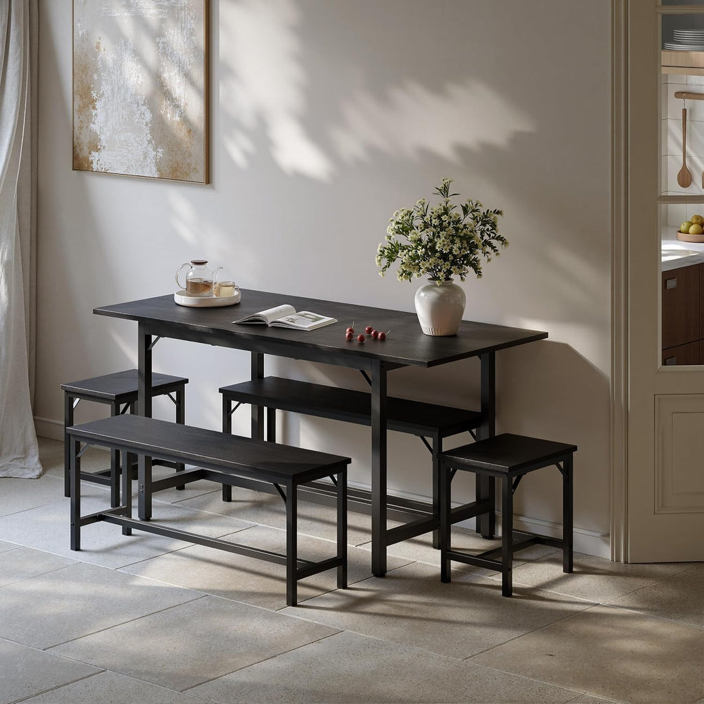 Tatub 5-Piece Dining Table Set for 4-8, 63' Extendable Dining Room Table with 2 Benches and 2 Square Stools, Space Saving Rectangle Kitchen Table Set for Breakfast Nook and Small Space, Black