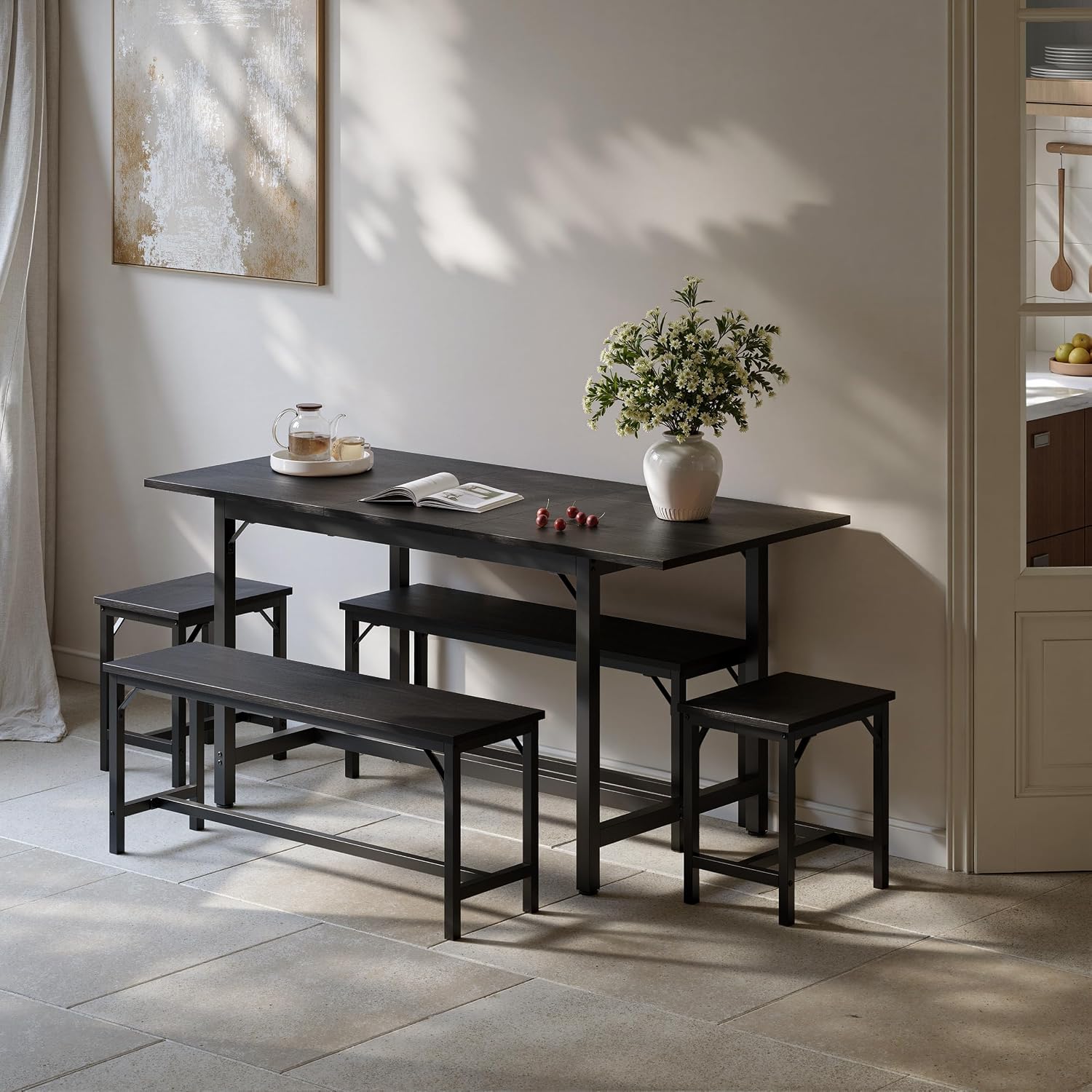 Tatub 5-Piece Dining Table Set for 4-8, 63' Extendable Dining Room Table with 2 Benches and 2 Square Stools, Space Saving Rectangle Kitchen Table Set for Breakfast Nook and Small Space, Black