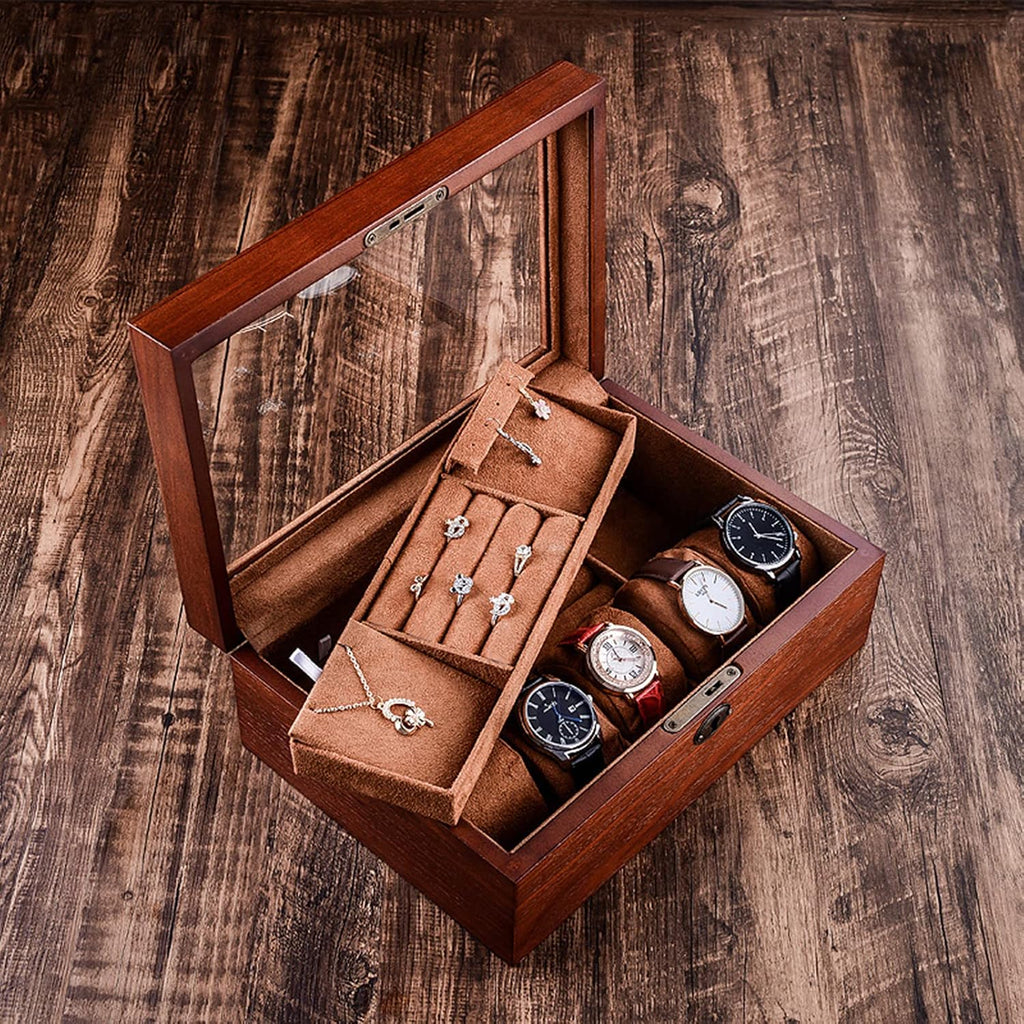 MARURY Wooden Watch Jewelry Box with Lock Vintage Glass Storage Box Double Layer Jewelry Storage Box Case Bracelet Necklace Ring Ornament Gift
