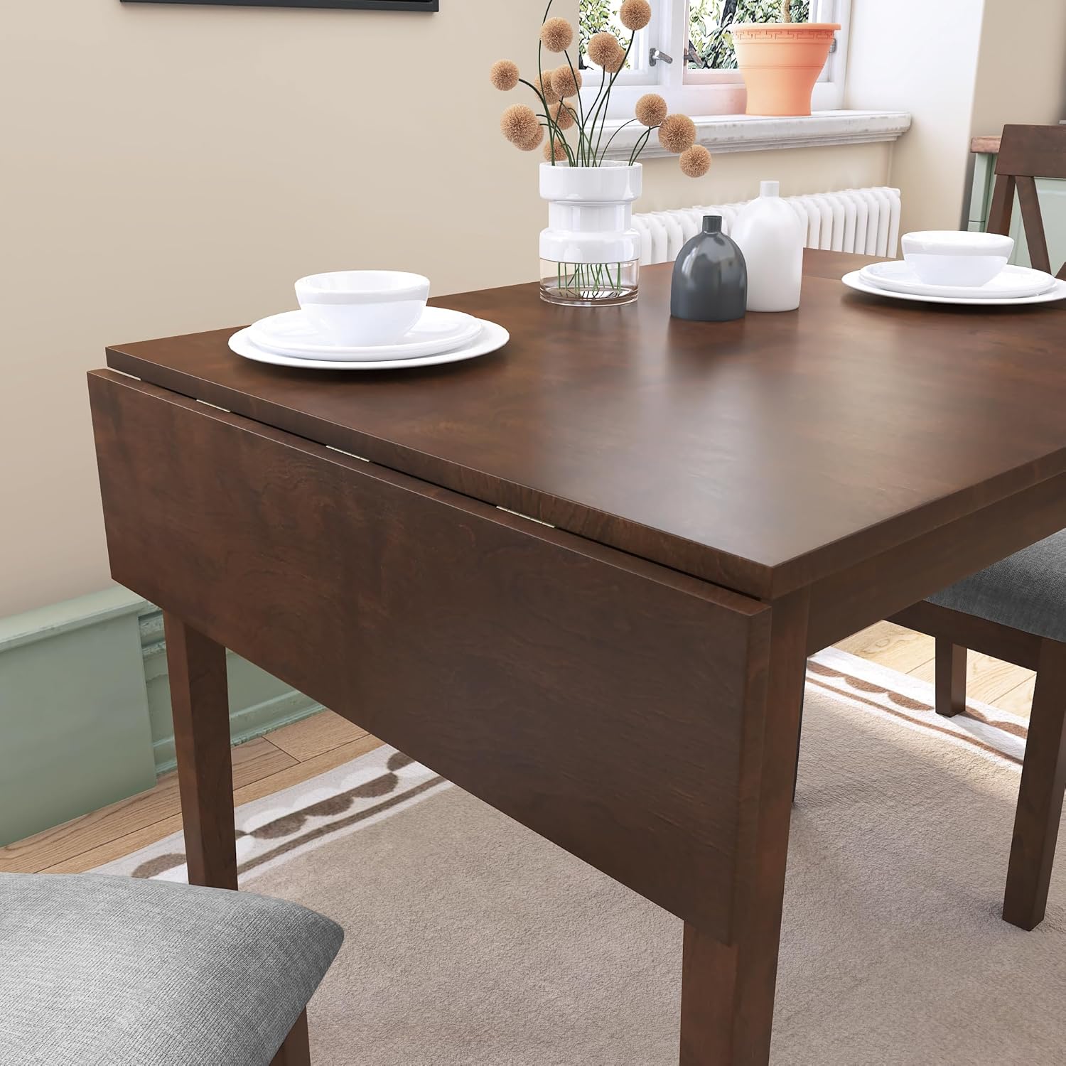 Harper & Bright Designs 3-Piece Wood Drop Leaf Dining Table Set with 2 X-Back Chairs, Space-Saving Breakfast Nook Dining Set, Brown + Grey Cushion