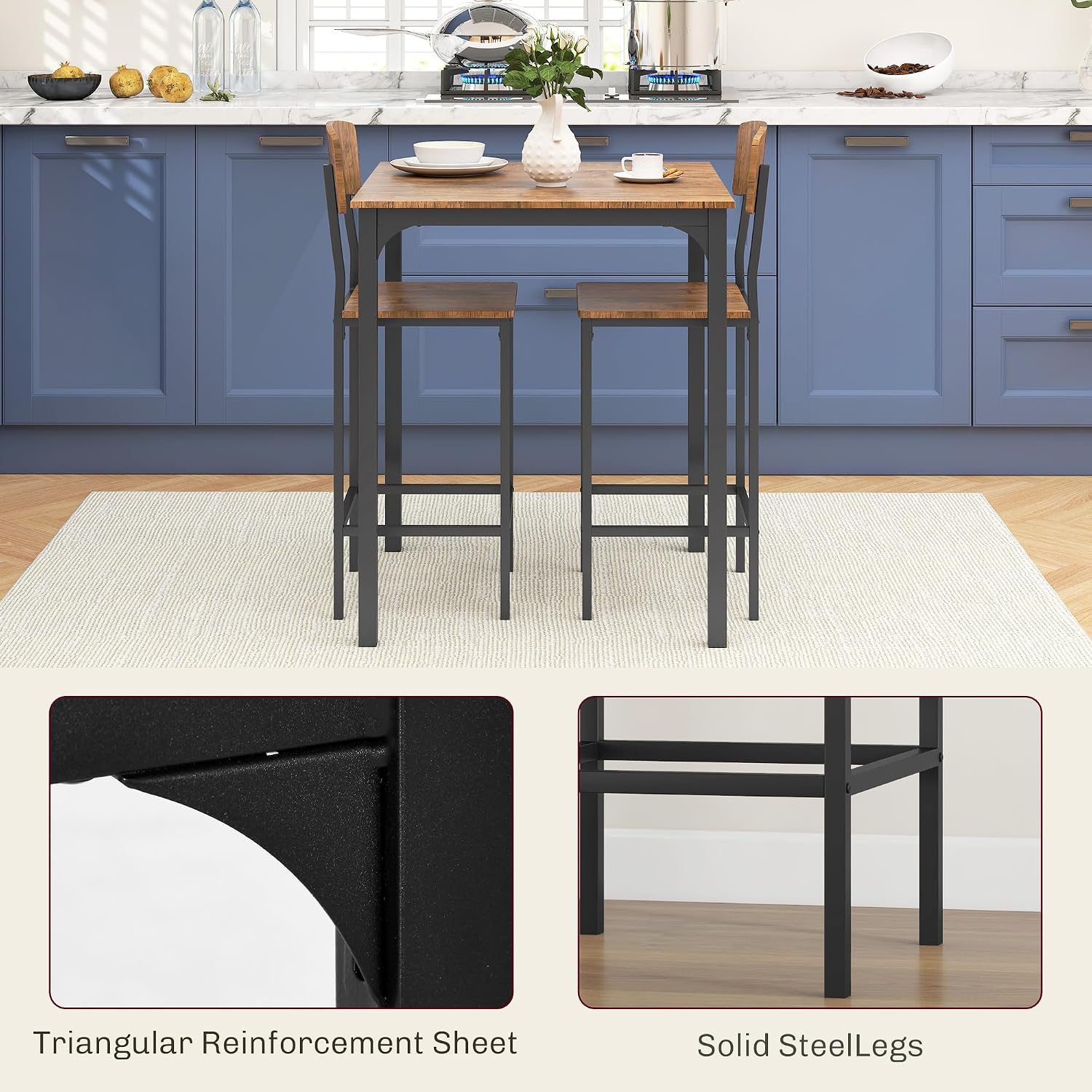 HOMCOM 3 Piece Industrial Counter Height Dining Table Set, Bar Table & Chairs with Steel Legs & Footrests, Black