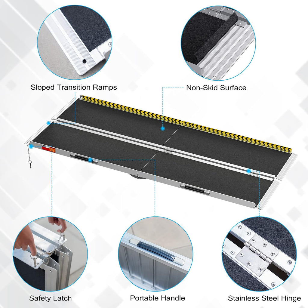 VNN 2FT & 7FT Portable Wheelchair Ramp, Non-Slip Aluminum Folding Handicap Ramp, Door Threshold Wheelchair Ramps for Home, Wheel Chair Ramp for Home Steps, Scooter Ramp for Car, Doorways, Curbs, Stair