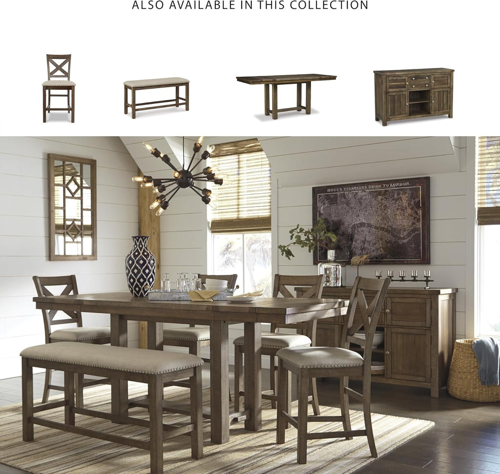 Signature Design by Ashley Moriville Rustic Farmhouse Counter Height Dining Extension Table, Separate Extension Leaves, Seats 8, Wood, 36' W x 86' D x 36' H, Brown