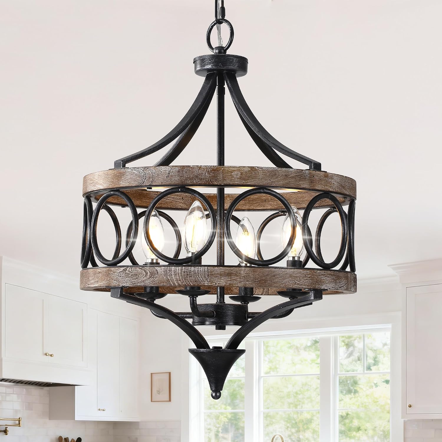 15.7' Farmhouse Chandeliers for Dining Room 4-Light Raindrop Solid Wood Antique Pendant Chandelier French Country Light Fixture for Living Room Bedroom Foyer Kitchen Island Entryway