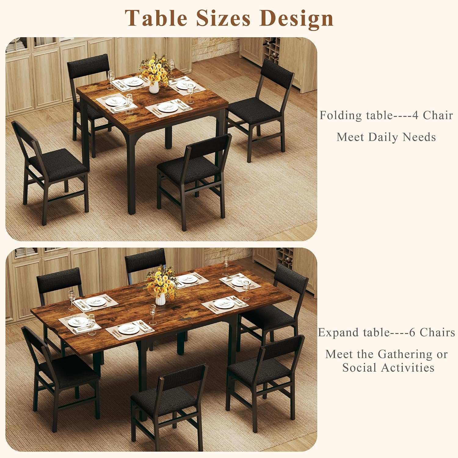 7-Piece Dining Table Set for 4-6, Extendable Kitchen Table Cushion Chairs Set of 6 with 6 Chairs, Rectangle Dining Table with Metal Frame & MDF Board, Folding for Small Apartment Saving Space, Rustic