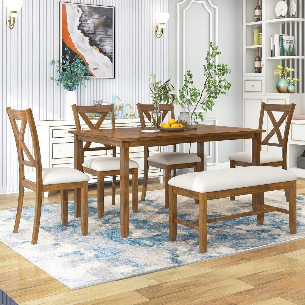 Merax Solid Wood Dining Table Set with Bench for 6, 6 Piece Rectangular Kitchen Table Set with 4 Upholstered Chairs and Bench for Room Dining Room - Natural Cherry+Beige