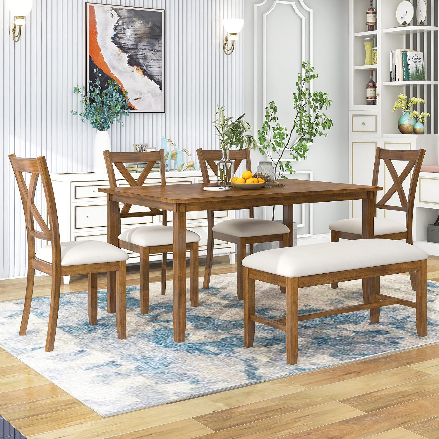 Merax Solid Wood Dining Table Set with Bench for 6, 6 Piece Rectangular Kitchen Table Set with 4 Upholstered Chairs and Bench for Room Dining Room - Natural Cherry+Beige