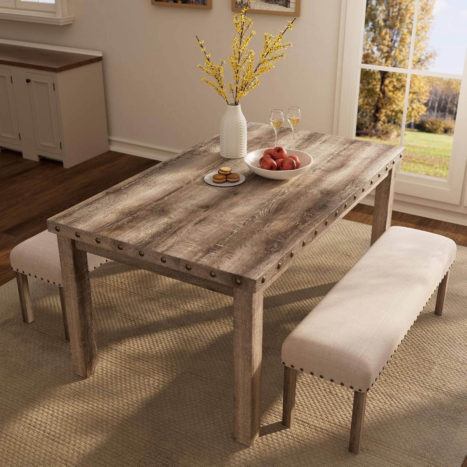 Morden Fort Farmhouse Rectangular Wooden Dining Table, Rustic 60' Kitchen & Dining Room Table with Woodgrain Tabletop, Rivet Accents & Solid Wood Legs