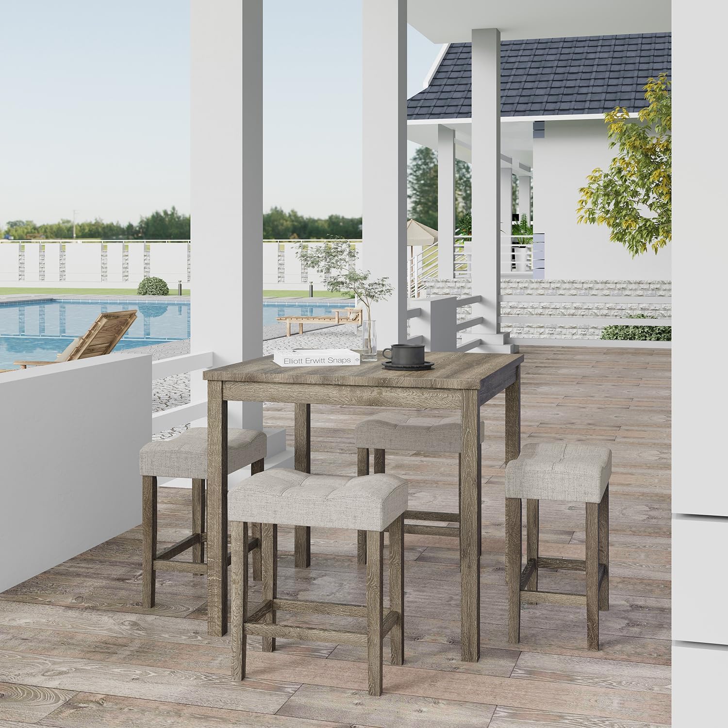 allamazing 5-Piece Counter Dinner Height Table Set, Indoor Modern Rectangular Dining Table Furniture Set for Kitchen, 35 inch Dining Table with 4 stools (1+4 Natural)