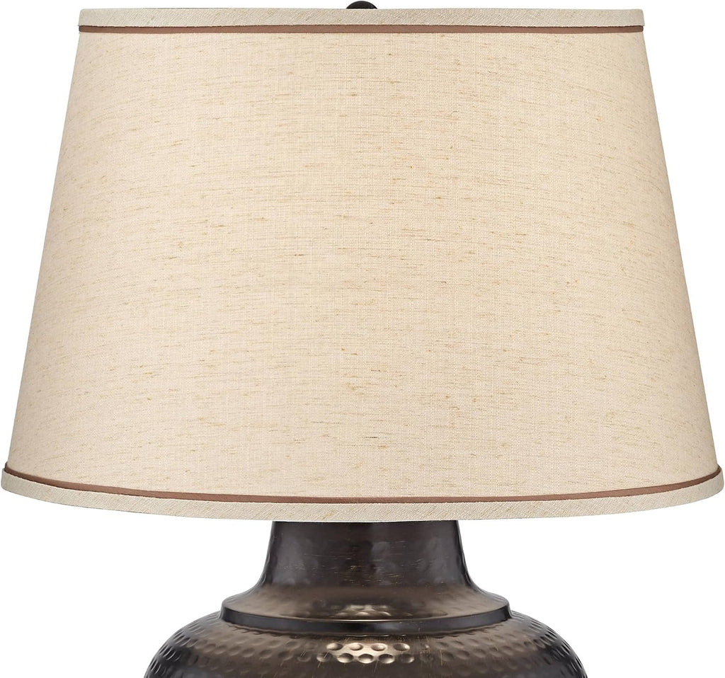 Barnes and Ivy Brighton Rustic Farmhouse Table Lamp 27 1/4' Tall with USB Dimmer Bronze Hammered Pot Beige Fabric Drum Shade for Bedroom Living Room House Home Bedside Nightstand Office Family