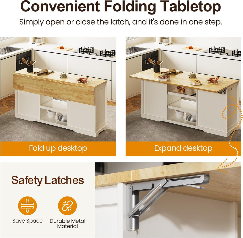 RoyalCraft 59'' Kitchen Island with Storage and Drop Leaf, Kitchen Island Table, Coffee Station Cabinet with Solid Rubber Wood Top, Pull-Out Trays, Drawers, Adjustable Shelves, Power Outlet, White