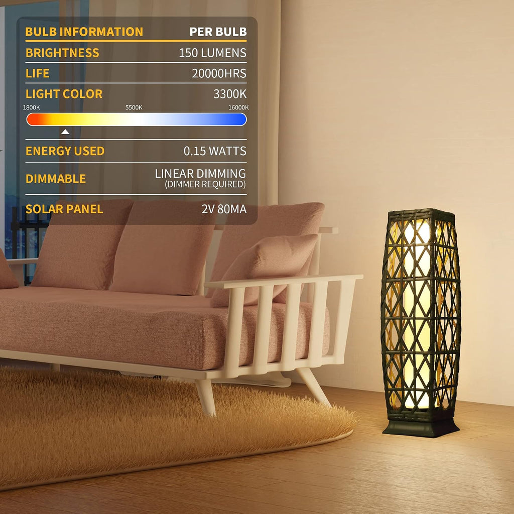 Solar Powered Outdoor Floor, 2 Piece Outdoor Floor Lamps, Solar Lanterns Waterproof, Resin Wicker Weather-Resistant Rattan Deck Light for Patio, Lawn, Porch, Garden