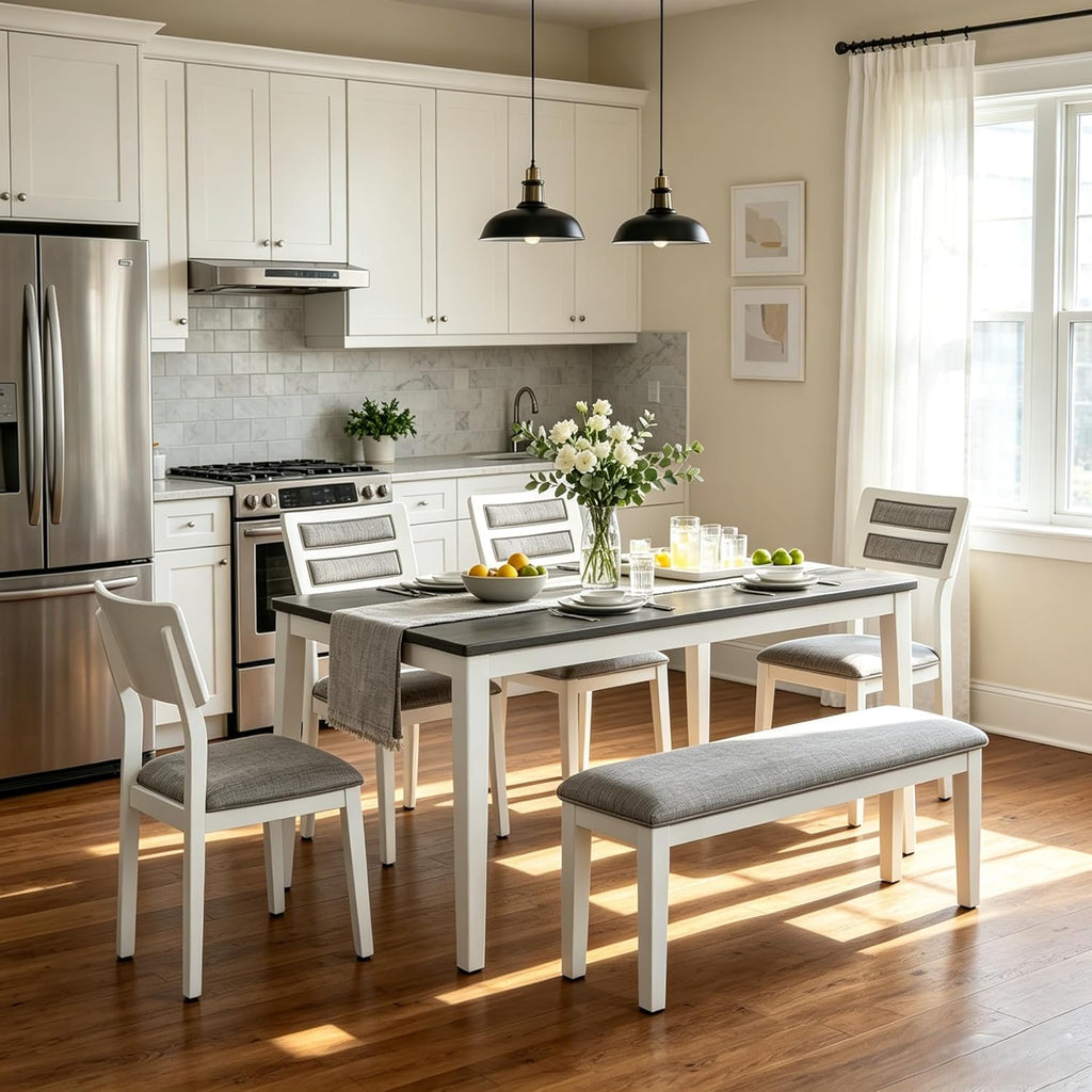 Merax 6-Piece Solid Wood Dining Table Set for 6, Farmhouse Kitchen Room Table Set with 1 Bench and 4 Upholstered Chairs, Wooden Legs Dining Set for Living Room, Kitchen - White+Gray