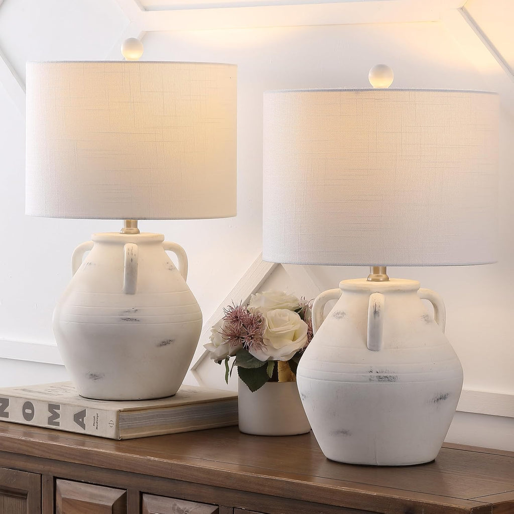 JONATHAN Y 20.5' White Ceramic Pottery Jar Table Lamp Set of 2 for Bedroom Living Room, Rustic Coastal French Country Cottage Style, White Linen Shade, LED Bulbs Included JYL5502A-SET2