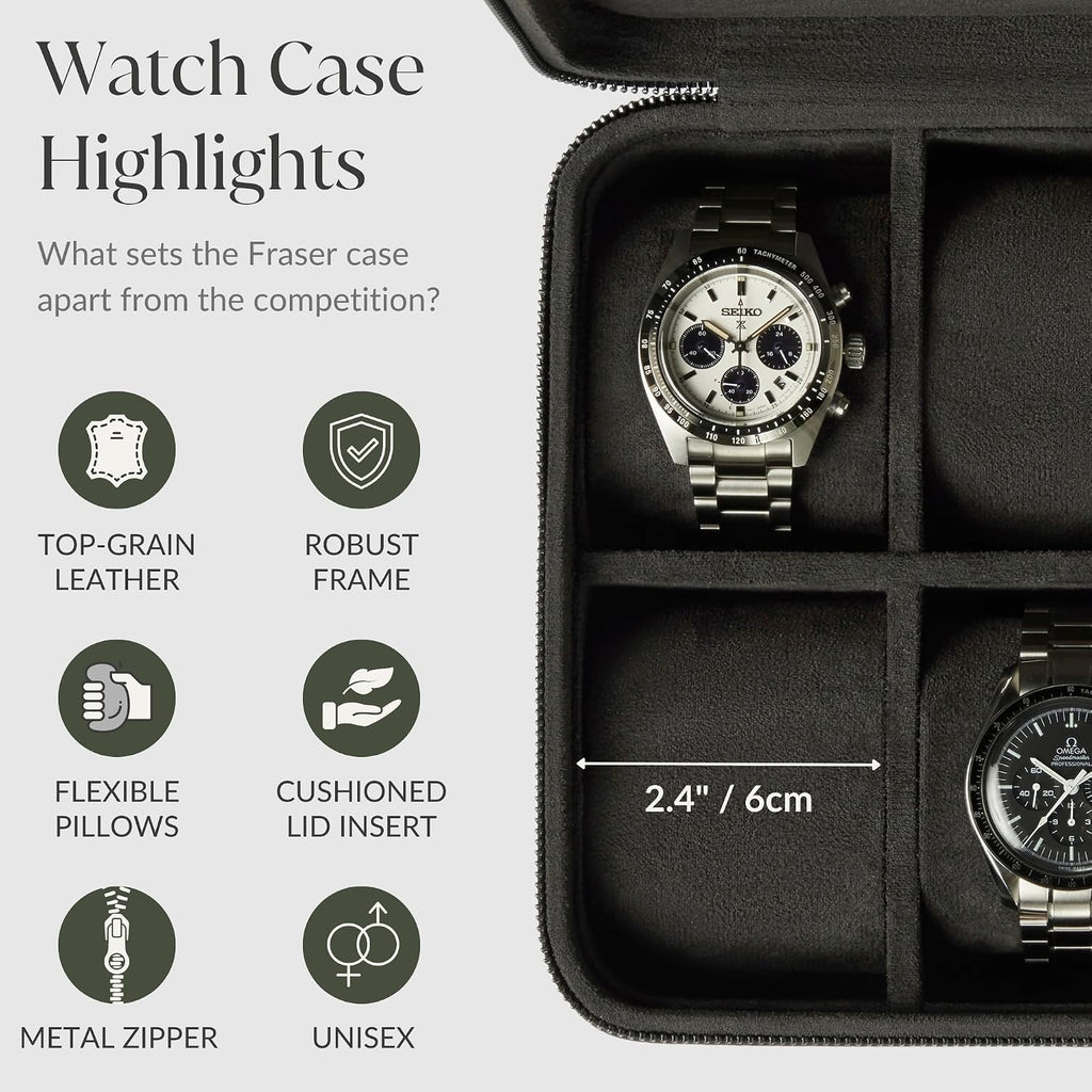 TAWBURY Watch Case - 8 Slot Genuine Top-Grain Leather Watch Box for Men & Women with Extra Wide Pillows for Large Watches - Portable Wristwatch Storage for Home & Travel (Black)