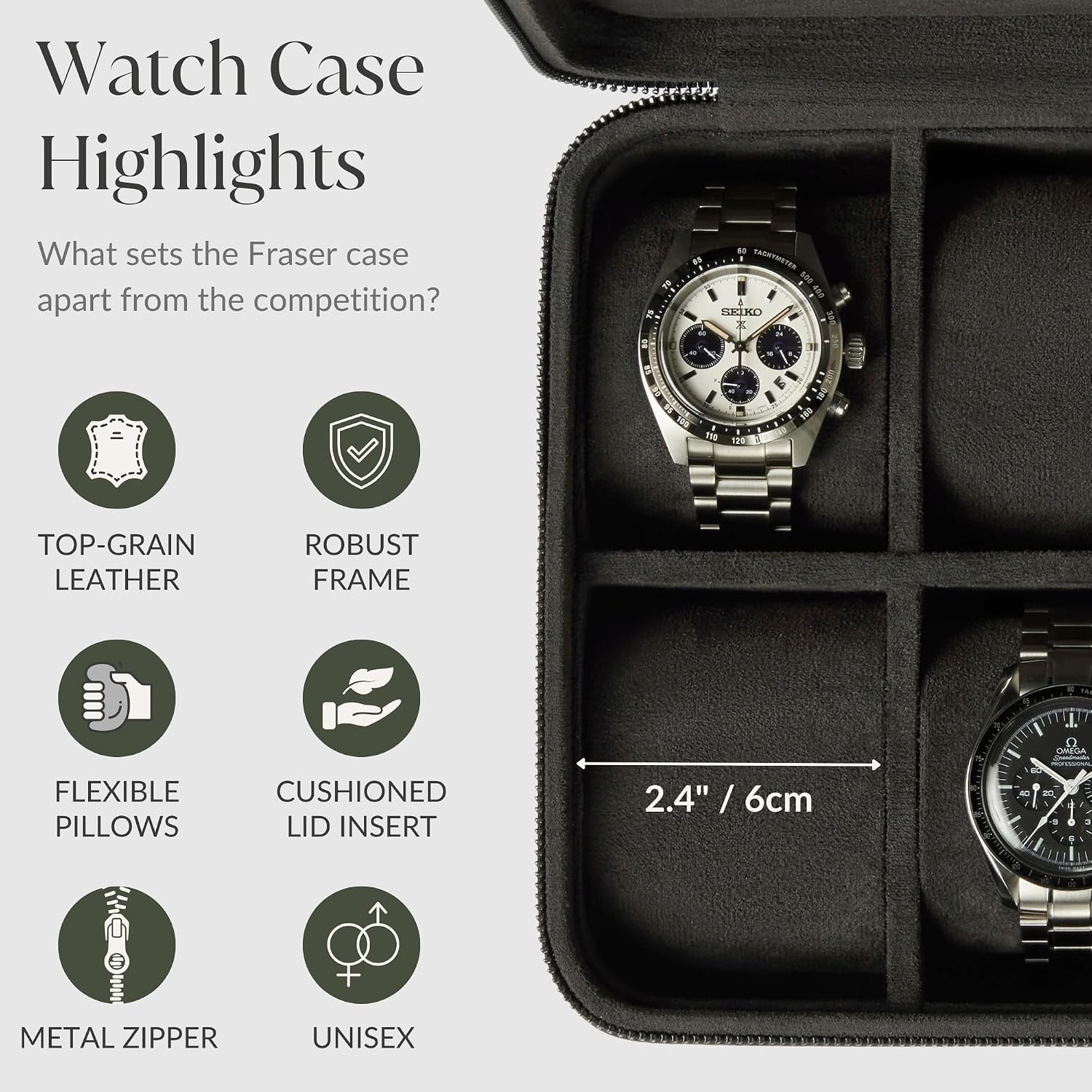 TAWBURY Watch Case - 8 Slot Genuine Top-Grain Leather Watch Box for Men & Women with Extra Wide Pillows for Large Watches - Portable Wristwatch Storage for Home & Travel (Black)
