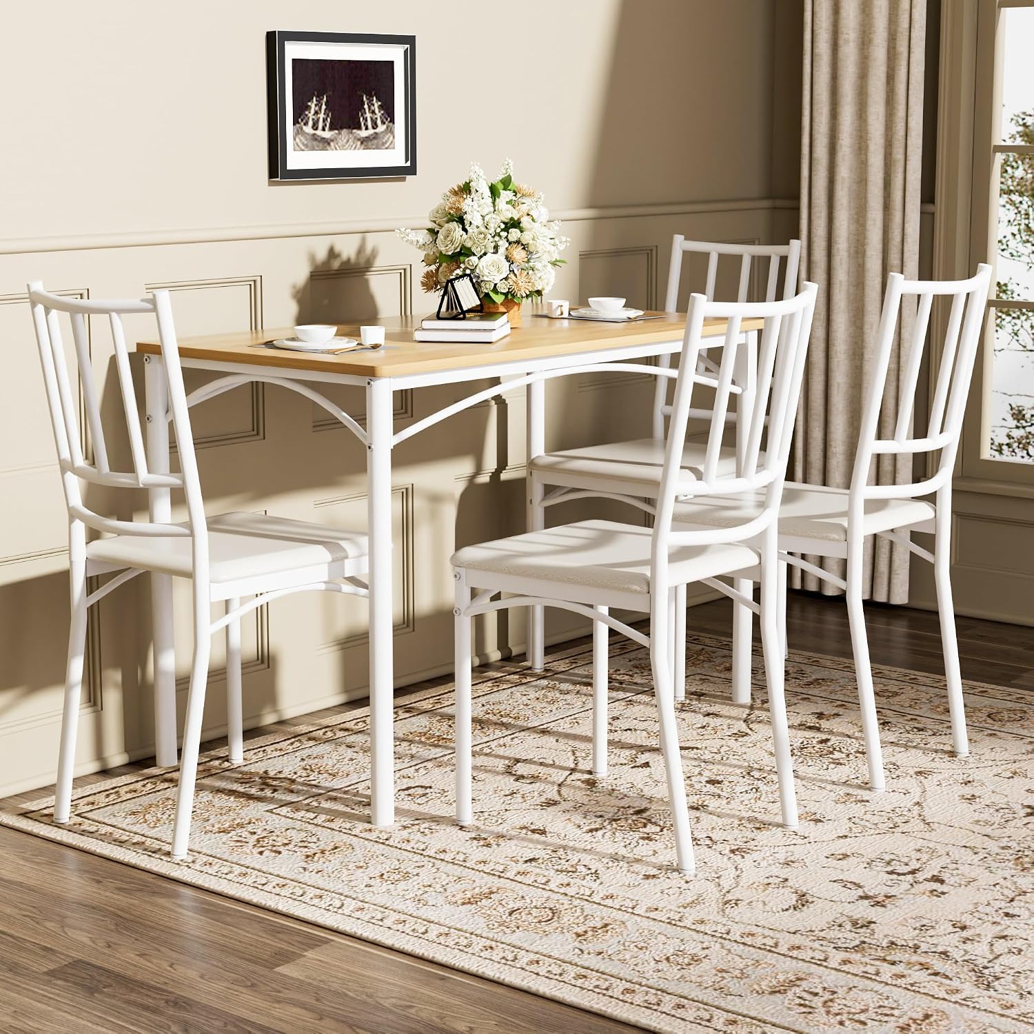 Dining Table Set for 4, Industrial Kitchen Table Set with 4 Upholstered Chairs, Metal Table and Chairs Set for Kitchen, Dining Room, Living Room, Natural+White