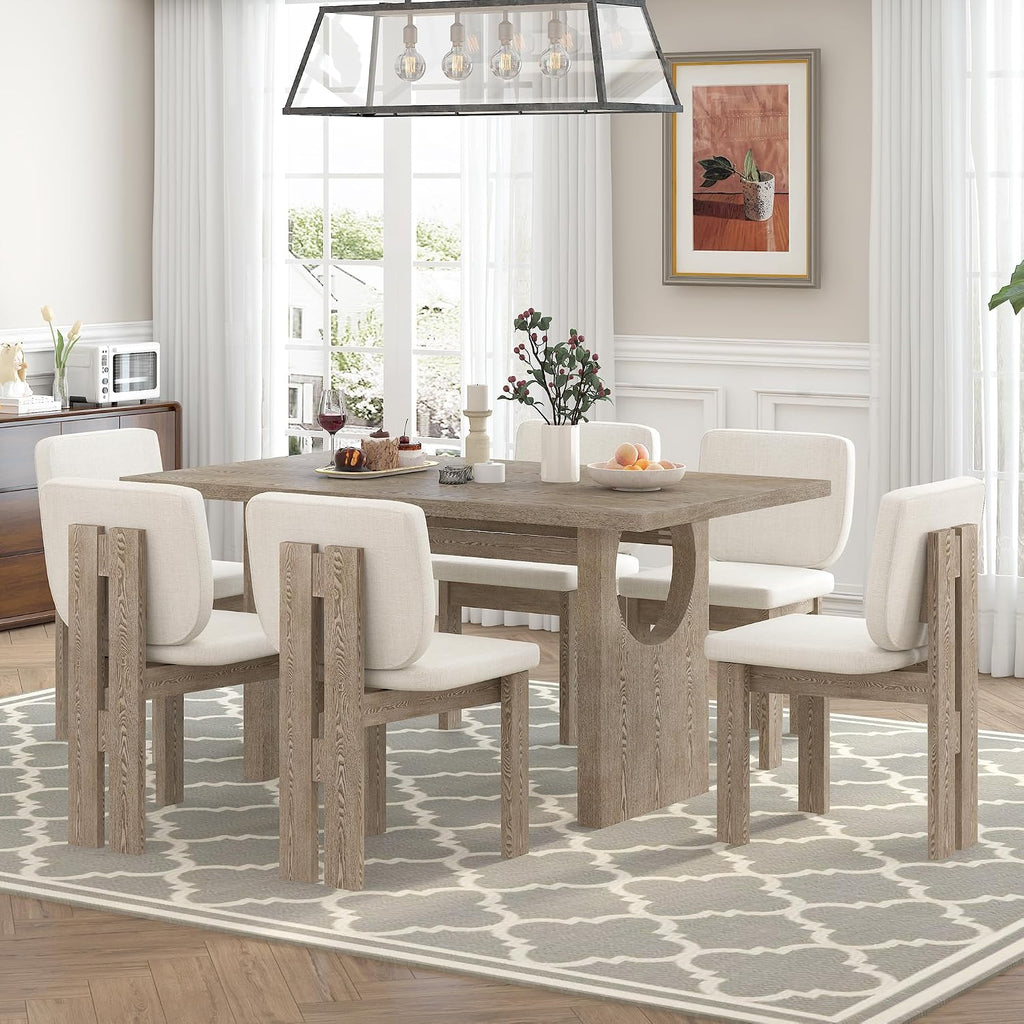 Merax Wood Dining Table Set for 6, Rectangular Tabletop/Upholstered Chairs/Retro Geometric Design, Ideal for Dining-Room and Kitchen, Natural