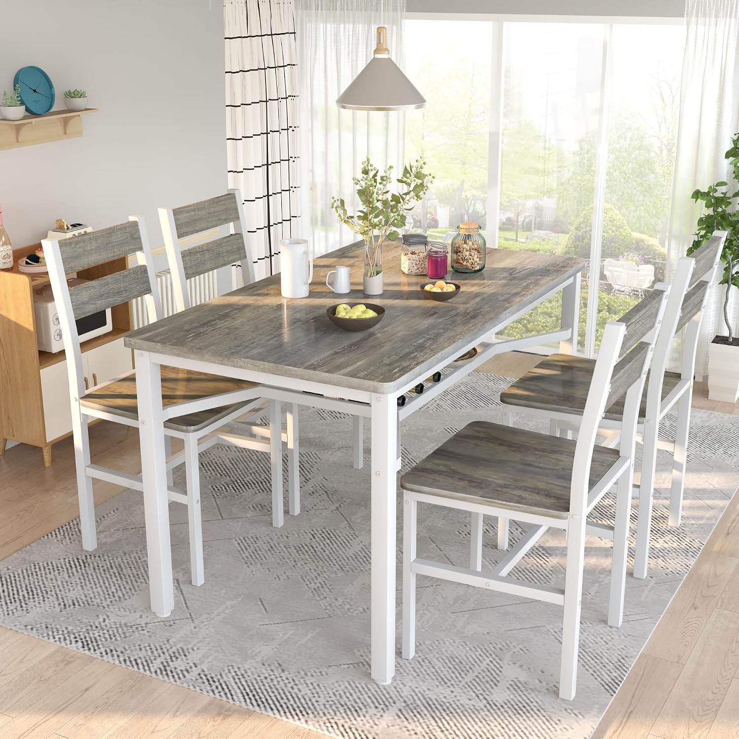 Hooseng Dining Table Set for 4, Wood Kitchen Table Chairs Set with Storage, Farmhouse 5 Piece Dining Room Table Set, Space-Saving Dinette Set for Breakfast Nook, Apartment