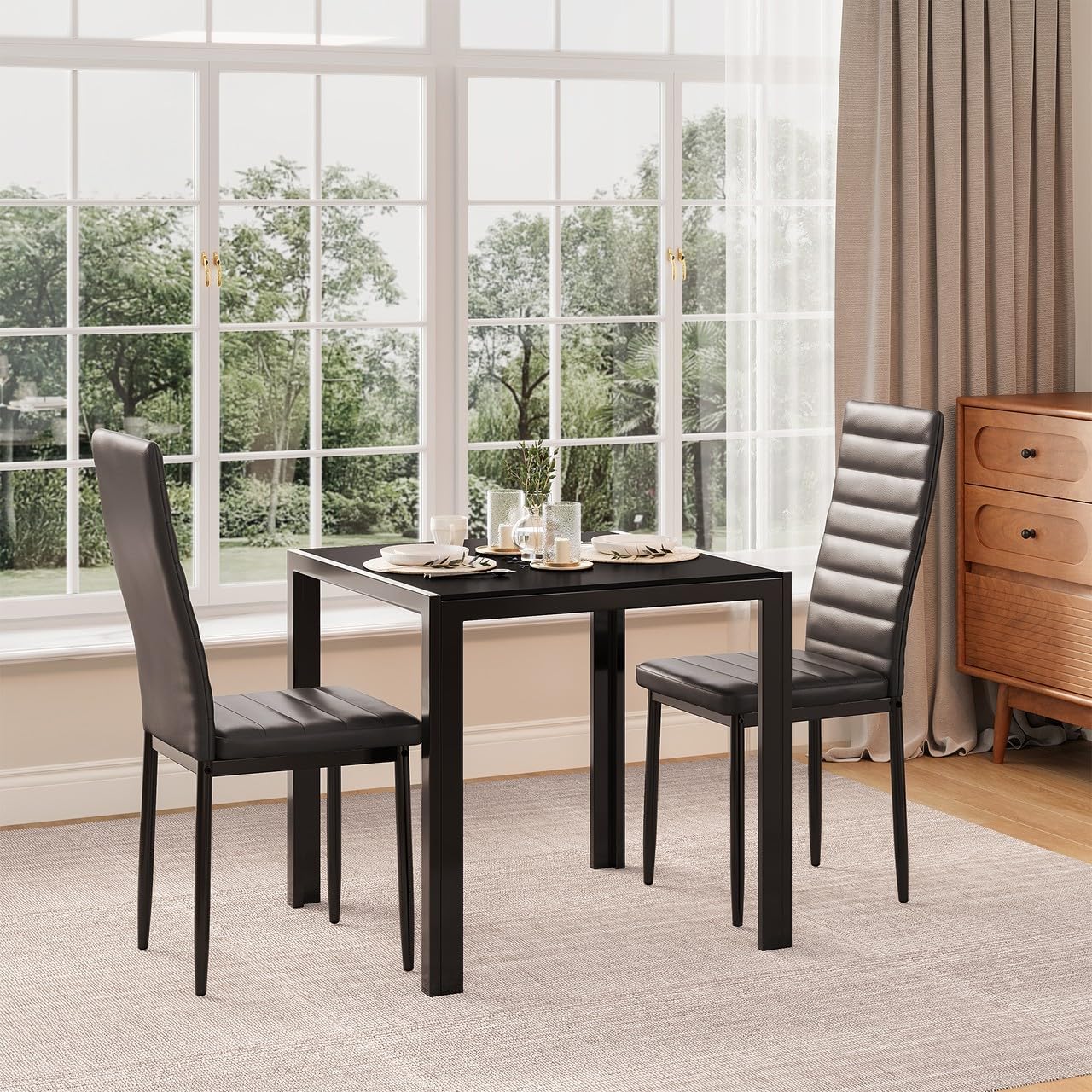 Gizoon 3 Piece Glass Dining Table Set, Kitchen and Chairs for 2, PU Leather Modern Room Sets for Home, Kitchen, Living Room
