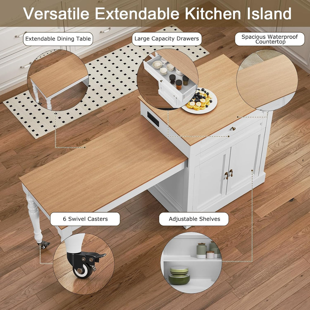 HLR 72' Kitchen Island with Extendable Table for 2-4, Island Table for Kitchen with Power Outlet and Storage Slide Out Legs, Rolling Islands Cart with 2 Doors (White)