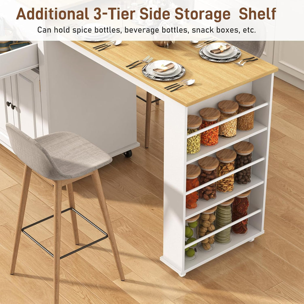 80'-48' Extendable Kitchen Island with Extended Dining Table and Power Outlet,Large Mobile Kitchen Storage Islands with 2 Storage Drawers,Rolling Islands Cart with 3 Extra Rows Open Shelves(White)
