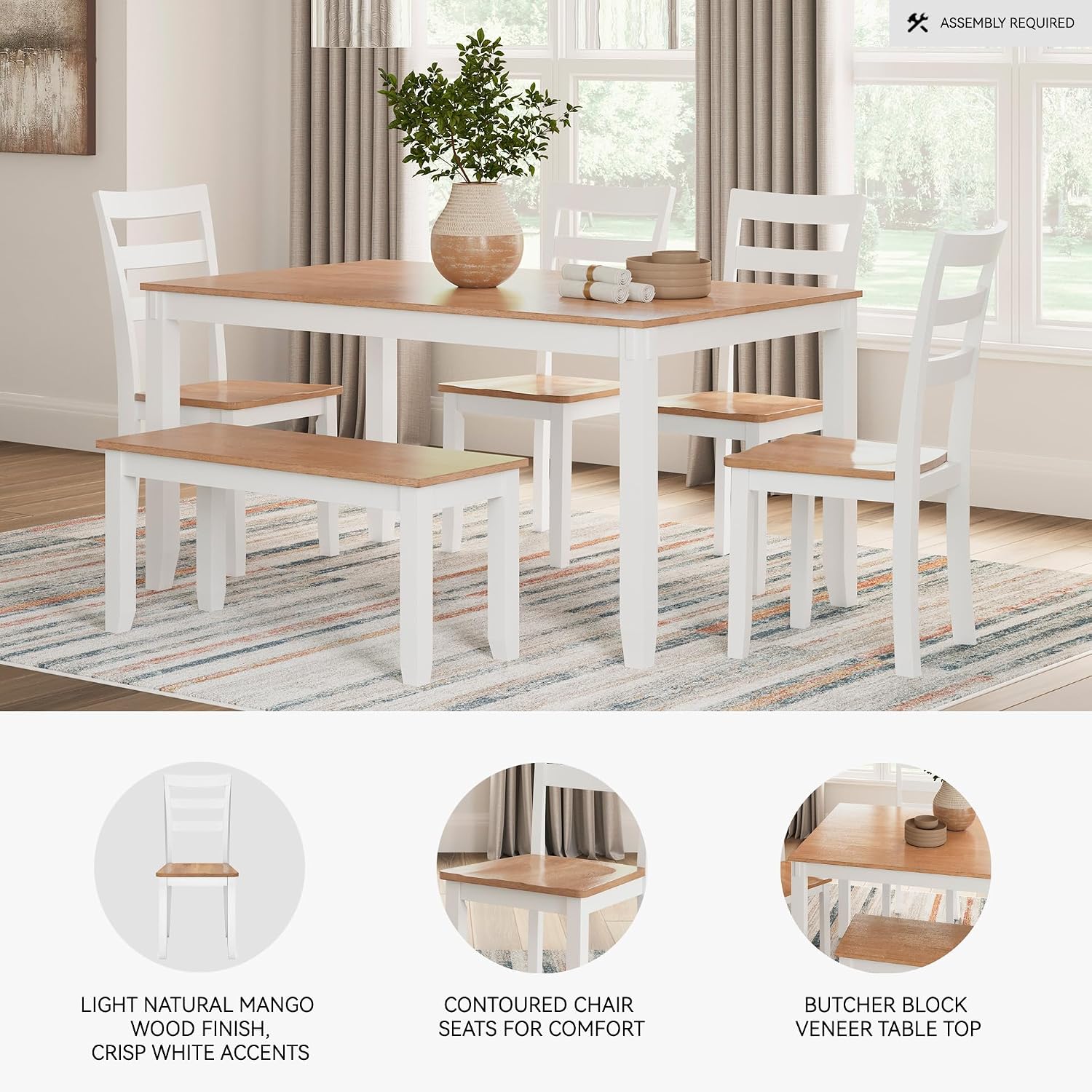 Signature Design by Ashley Gesthaven Casual Modern Dining Room Table Set with 4 Chairs and Bench, Set of 6, Mango Wood, 30.25' Table Height, White & Light Brown