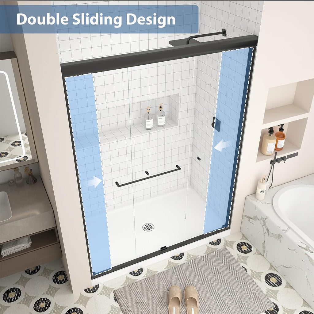 43-48' W x 70' H Upgraded Double Sliding Shower Door, Semi-Frameless Shower Door with Explosion-Proof Film and Nano Coating, 1/4' (6MM) SGCC Tempered Glass, Matte Black Finish